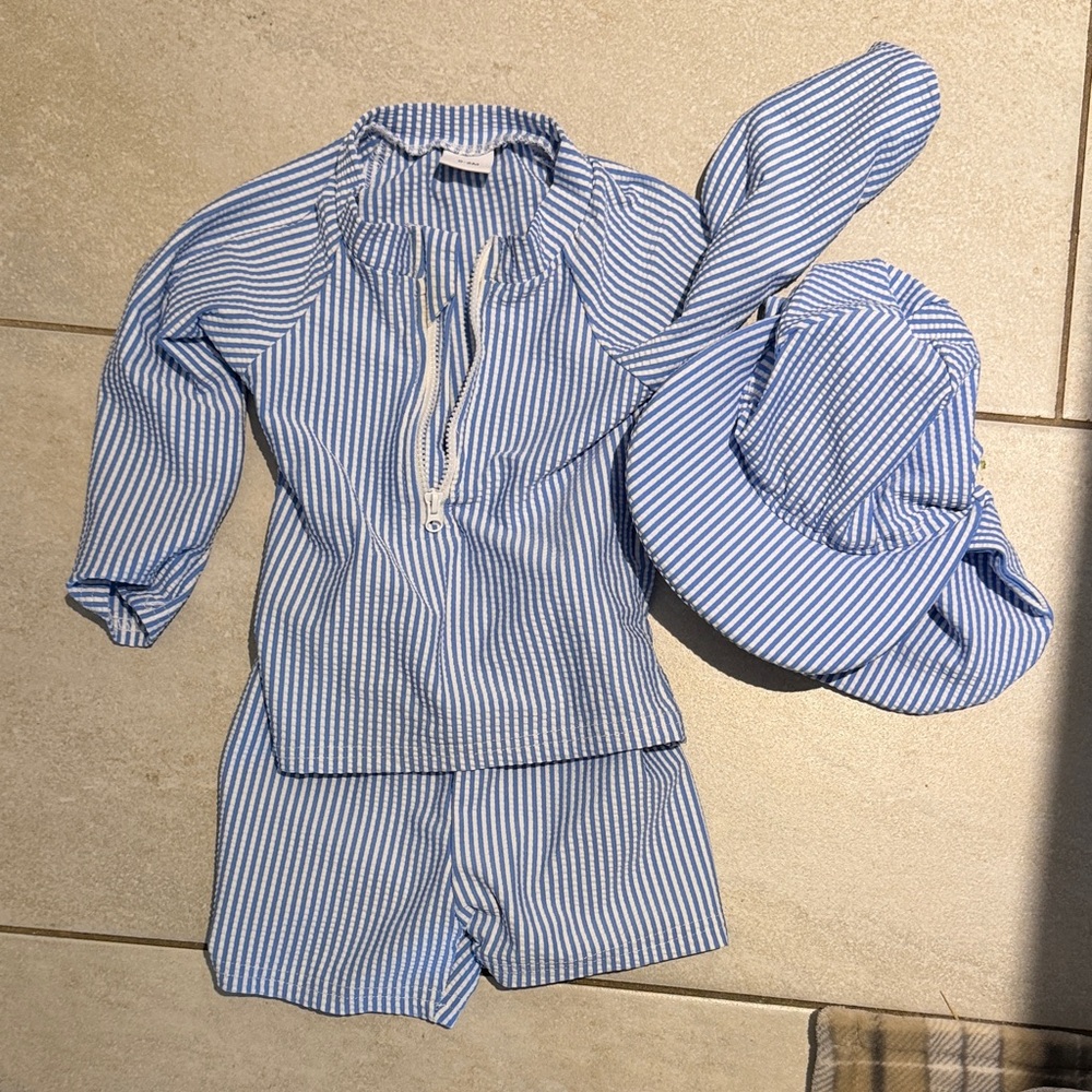 Baby Boy 0-6mo Blue and White Striped Swim Set with Hat